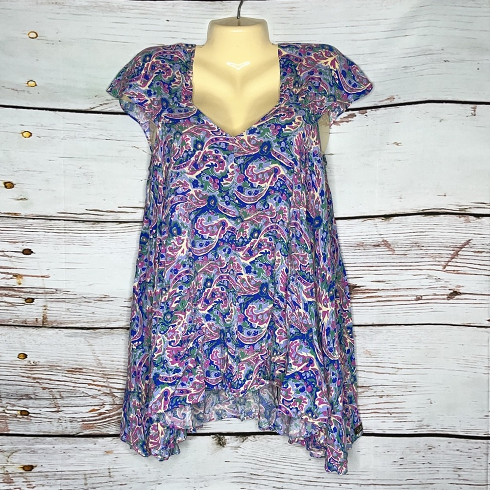 Matilda Jane Sz L Purple Paisley Floral Print Asymmetrical Hem Tunic Top Blouse